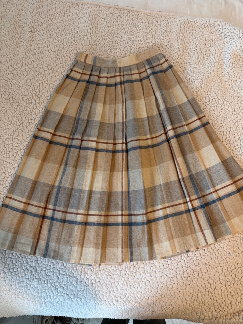Pleated Plaid A-Line Skirt in Beige and Blue